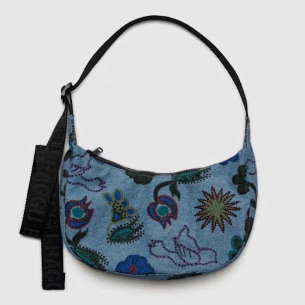 NWT Baggu Small Crescent Bag - Digital Denim Birds